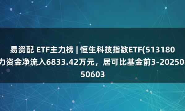 易资配 ETF主力榜 | 恒生科技指数ETF(513180)主力资金净流入6833.42万元，居可比基金前3-20250603