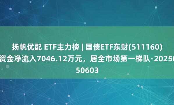 扬帆优配 ETF主力榜 | 国债ETF东财(511160)主力资金净流入7046.12万元，居全市场第一梯队-20250603